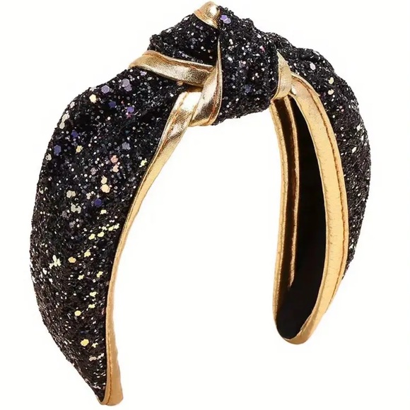 Accessories - Black Sparkle Knot Headband With Gold Trim
